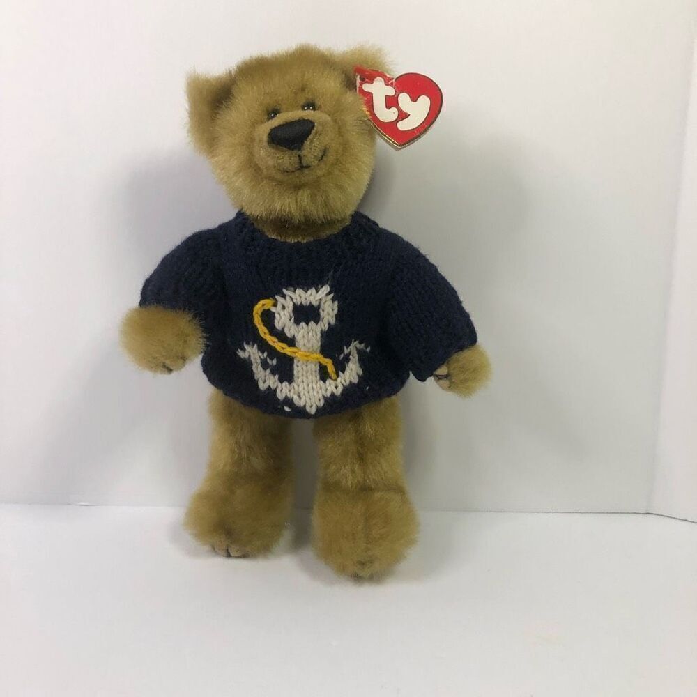 vintage 1993 ty attic treasures‎ salty 8" jointed bear anchor navy blue sweater